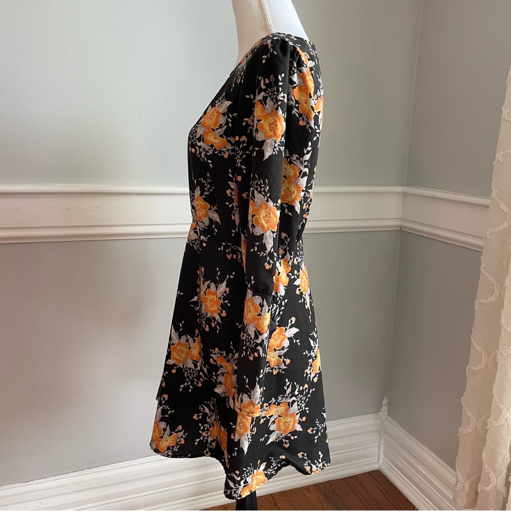 Free People Floral Black and Orange Dress Long Sleeves Button Back Side Zip Sz 8 - Picture 12 of 15